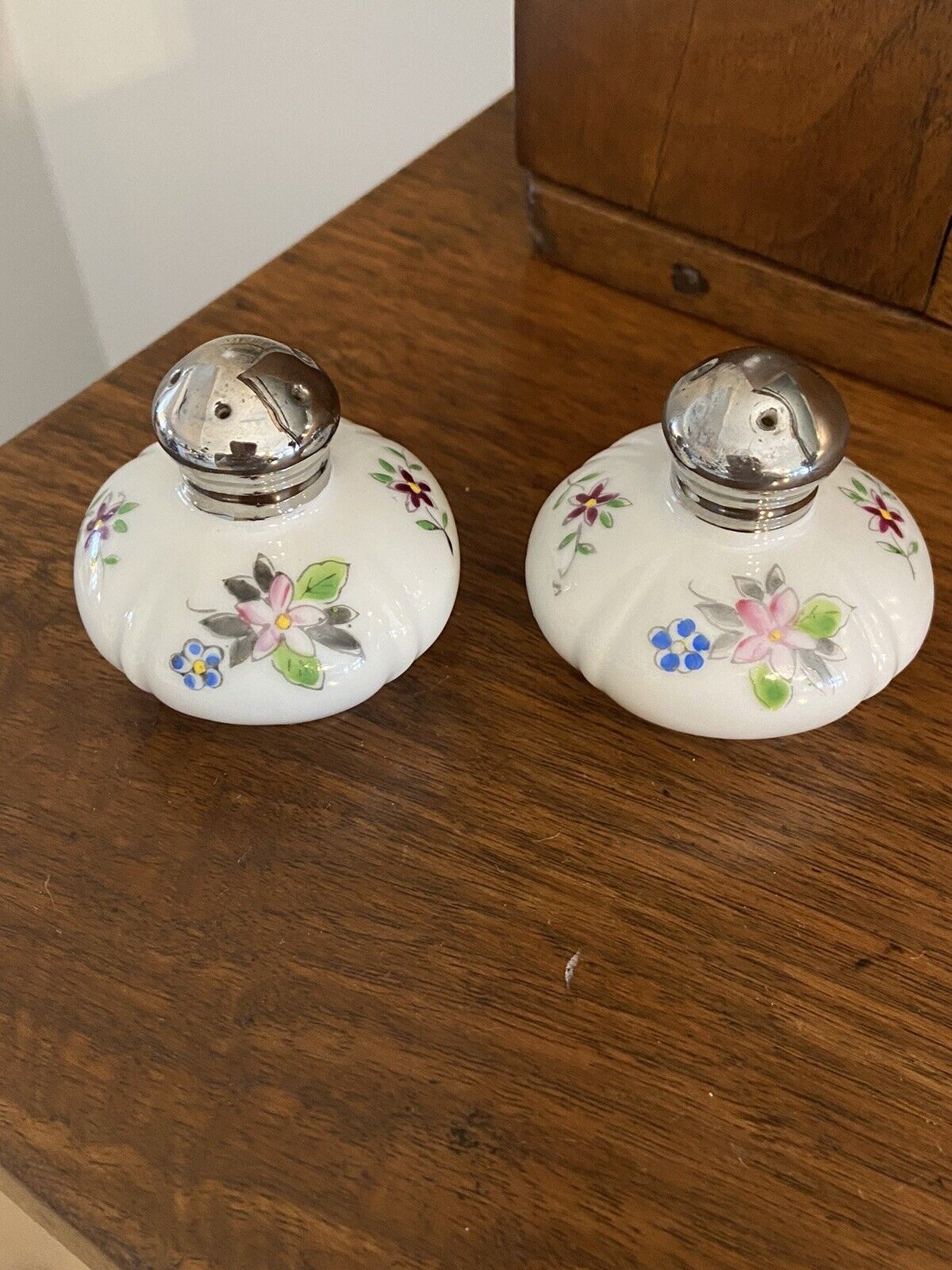 Antique Porcelain Hand Painted Floral Round Salt & Pepper Shakers