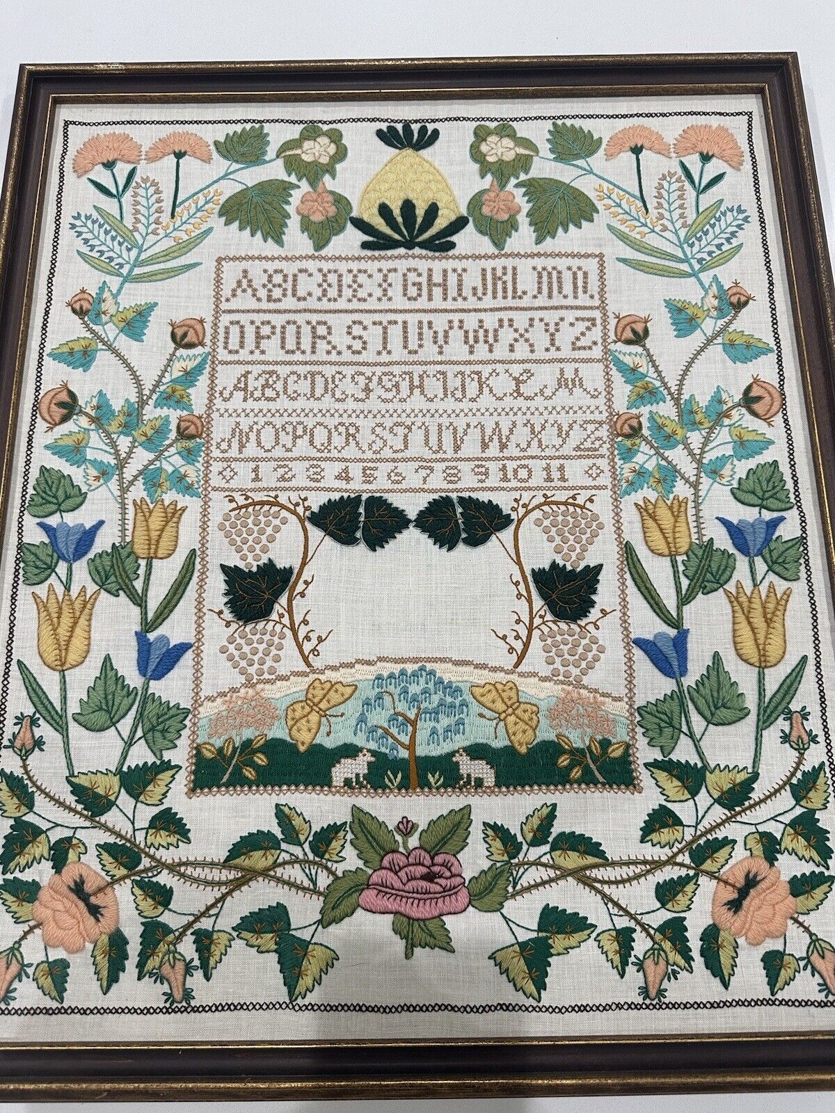 FRAMED Antique alphabet Sampler silk crewel stitch Embroidery Linen Textile