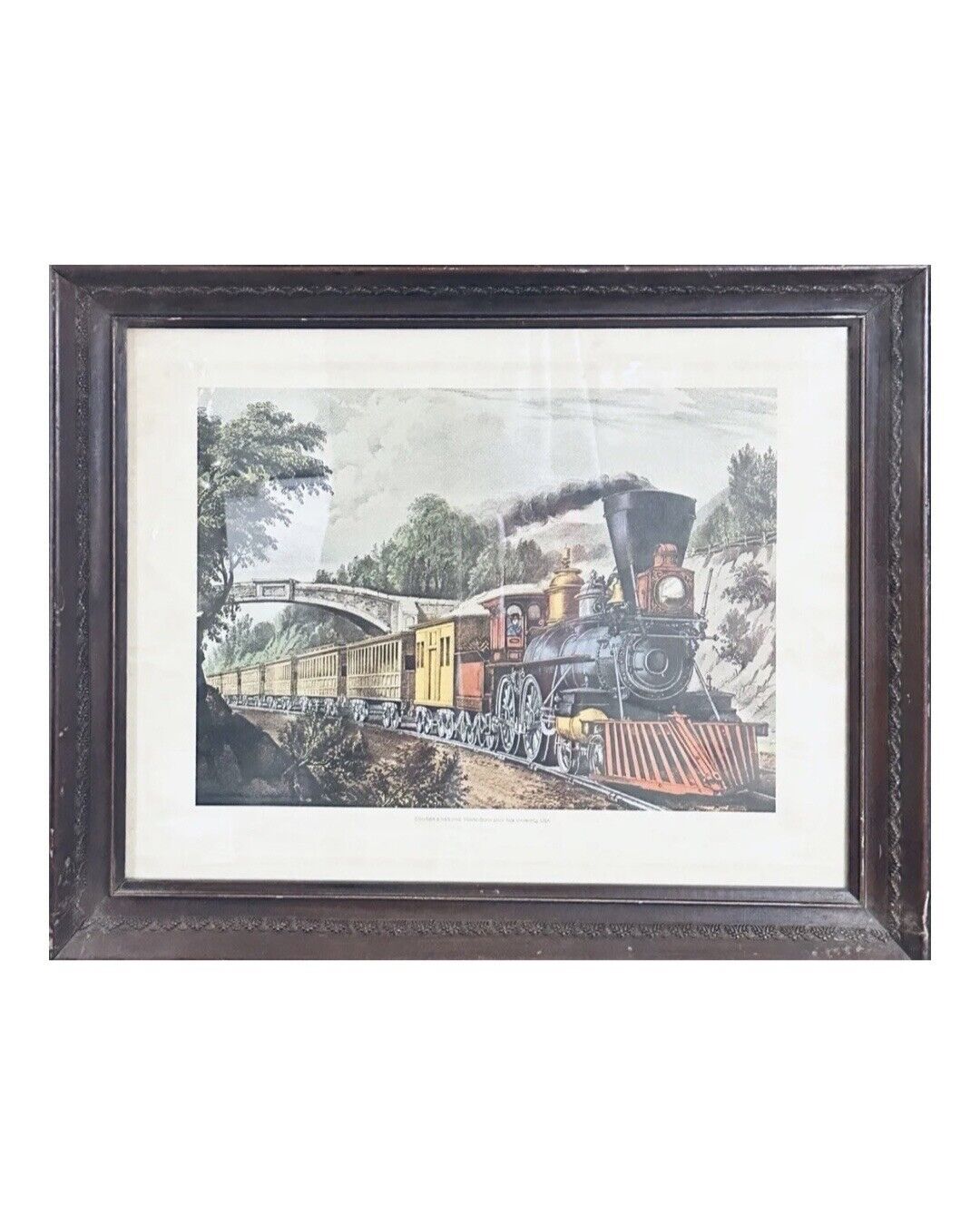 (after) CURRIER & IVES Train Stone Lithography in Carved Wood Frame