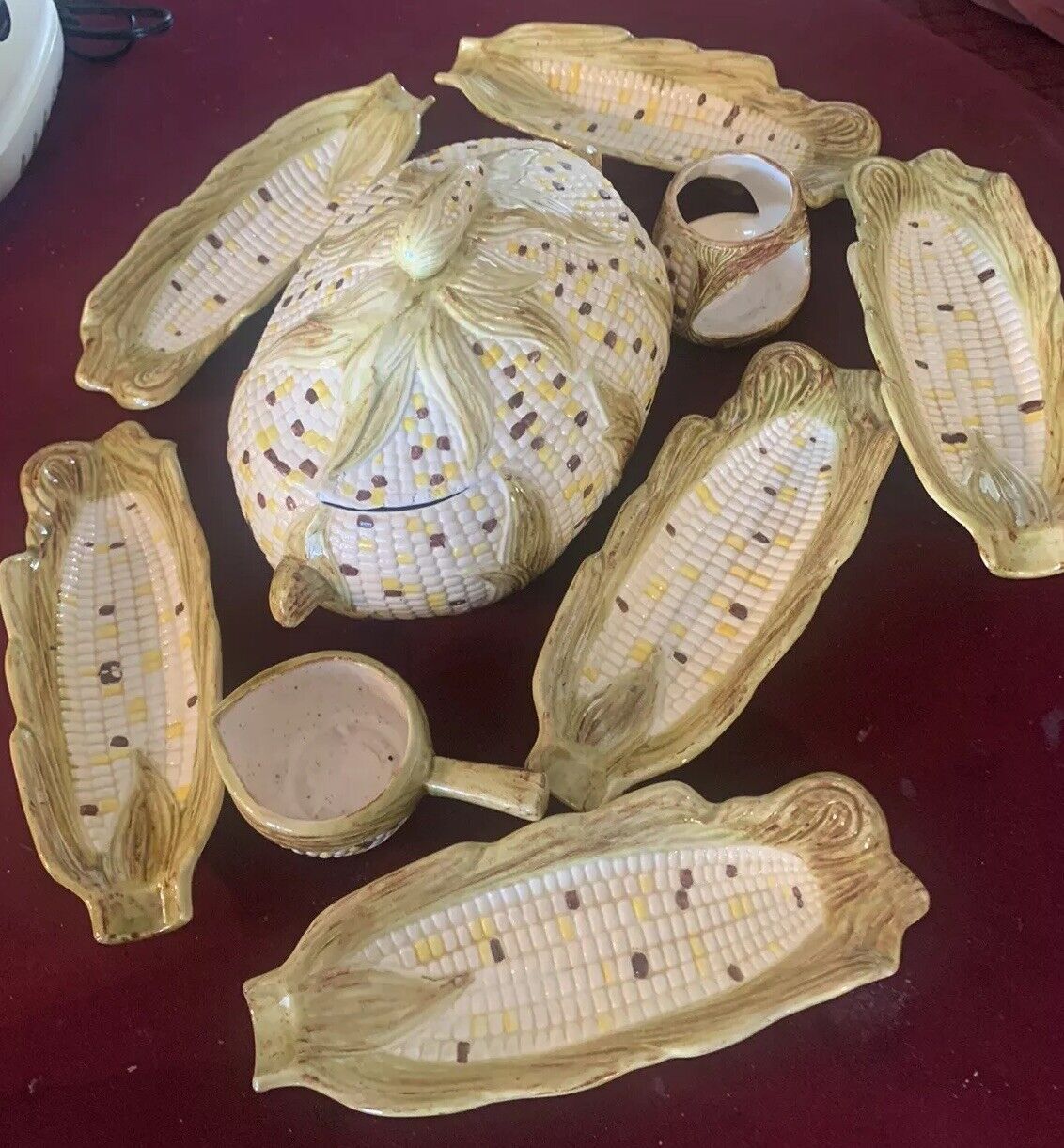 Vintage Ceramic Corn Casserole Corn Holders Full Set ￼Rare White Corn L@@k 1950s