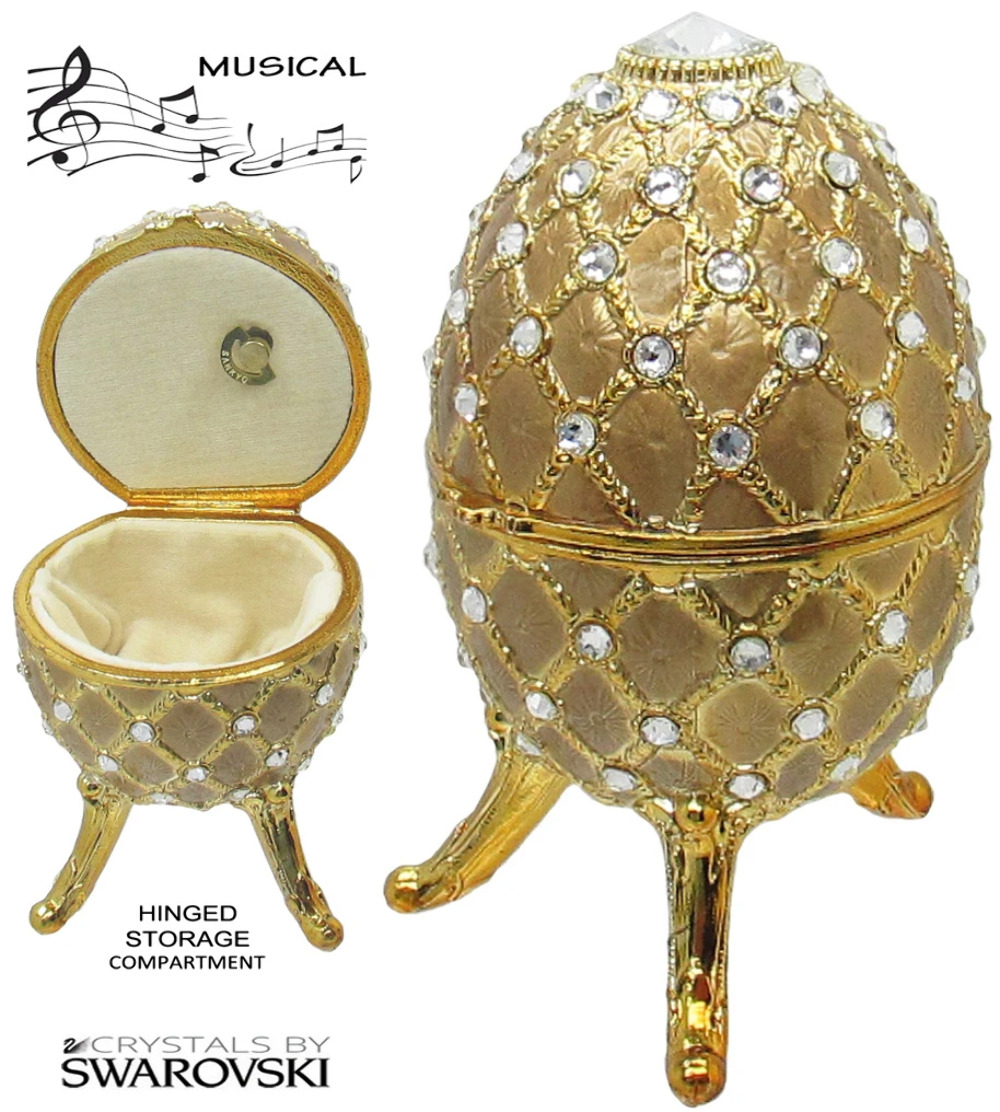 Musical Jewelry and Trinket Box with Swarovski Crystals, Gold/Gold