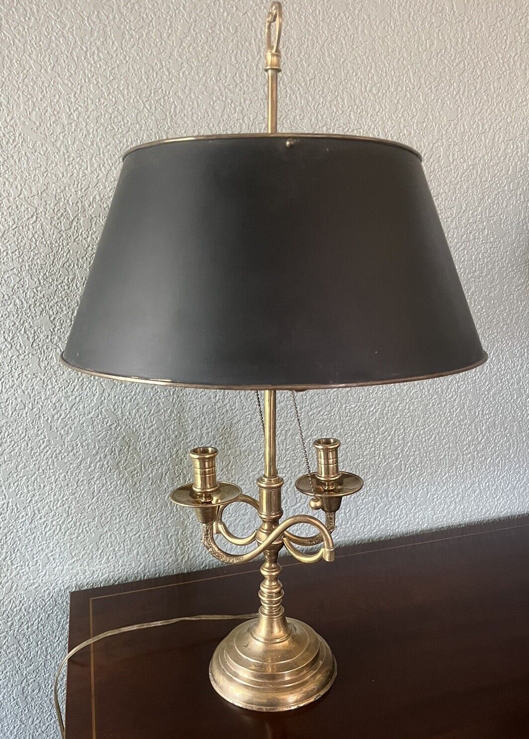 Vintage Maitland Smith Bouillotte Style Brass Black 2 Arm Candelabra Lamp