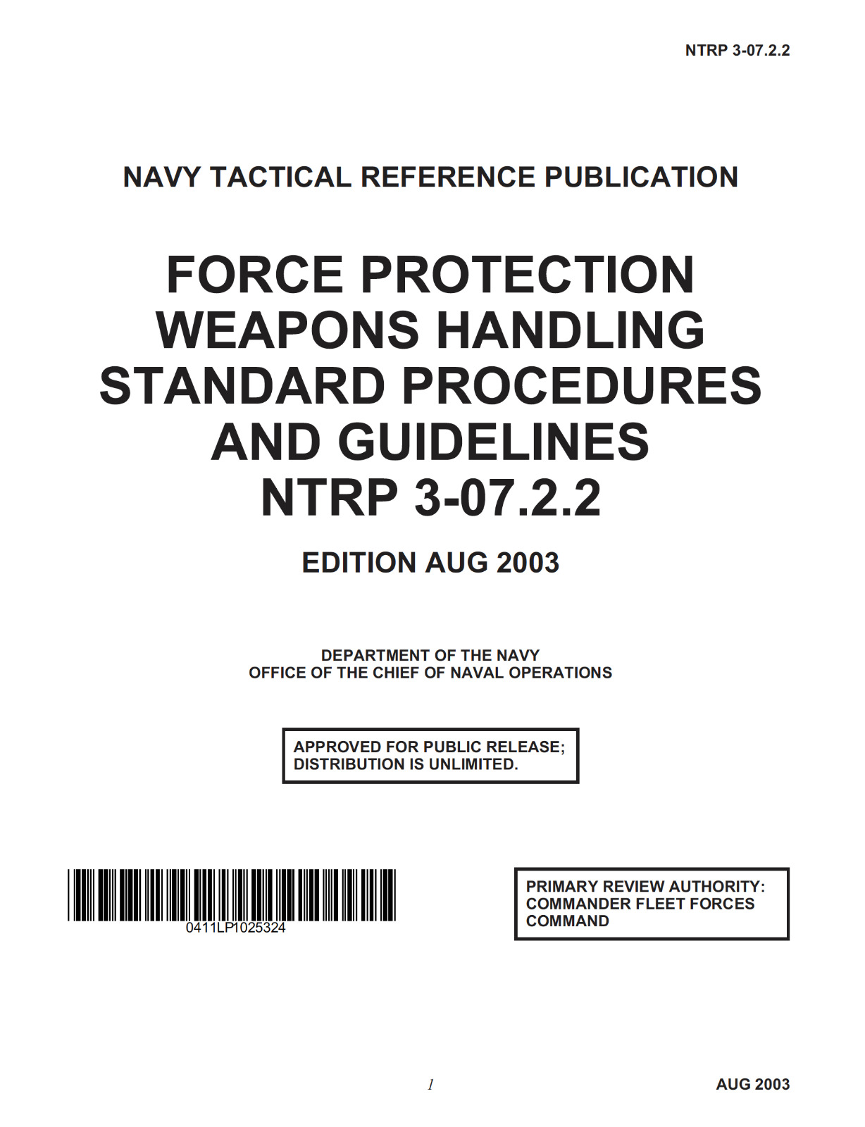 244 Page Navy FORCE PROTECTION WEAPONS HANDLING STANDARD PROCEDURES Manual on CD