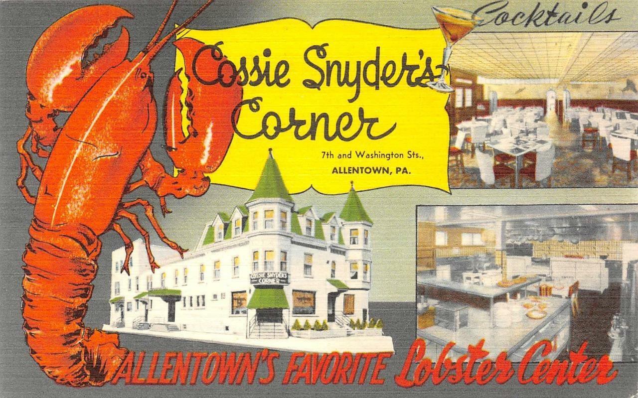 Allentown, PA COSSIE SNYDER'S CORNER Lobster c1940s Linen Vintage Postcard