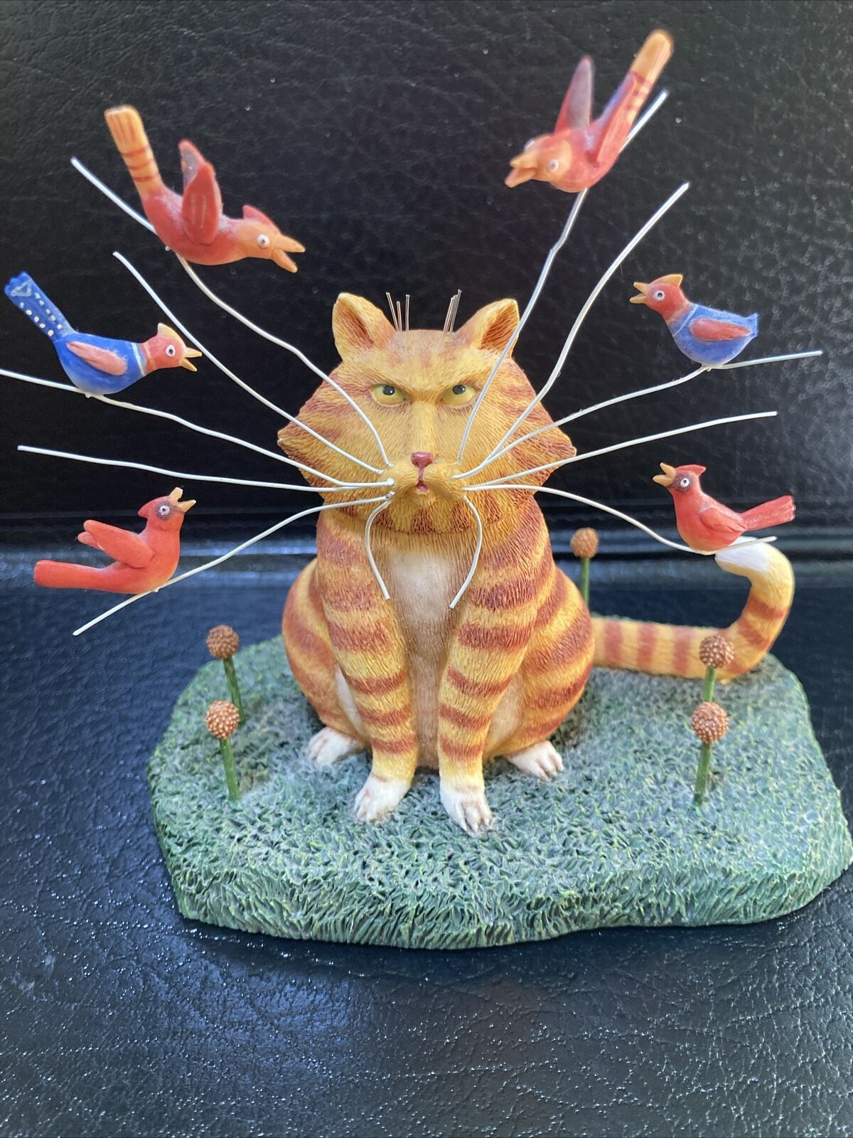 Lang 2004 “Taunting Theodore” Wit & Whimsy”-Tabby Cat w/Birds Figurine Sculpture