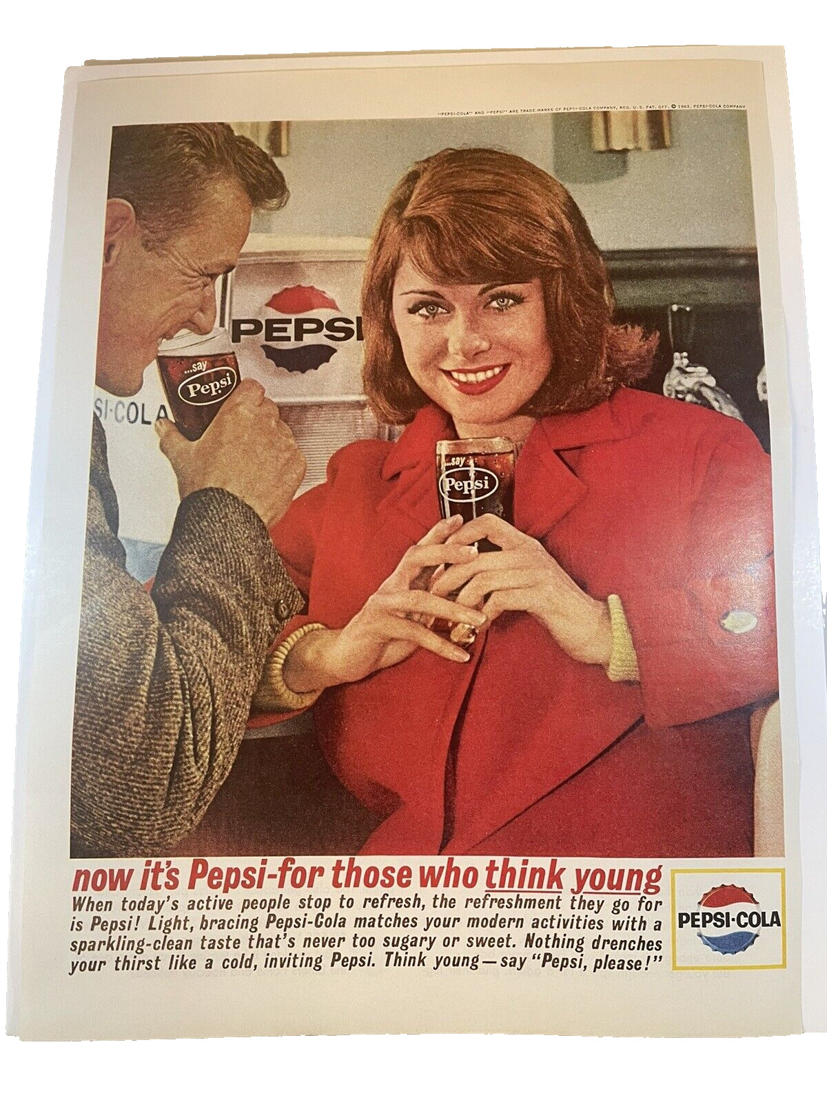 Pepsi Cola Print Ad for Those who Think Young Red coat Fountain Pepsi 1963