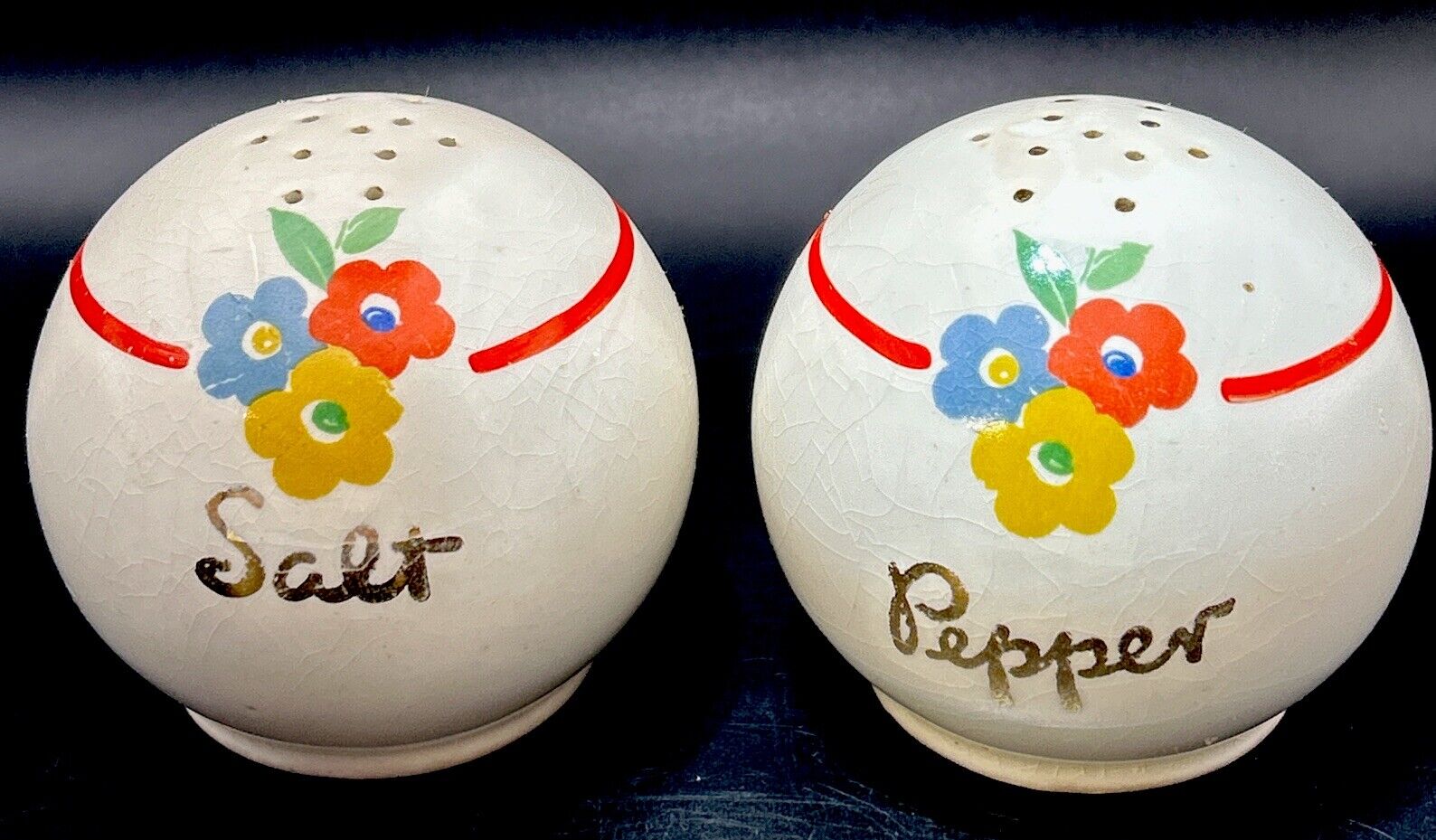 Vintage Round White Ball Red Stripe Salt and Pepper Shakers w/Floral Print Gold.