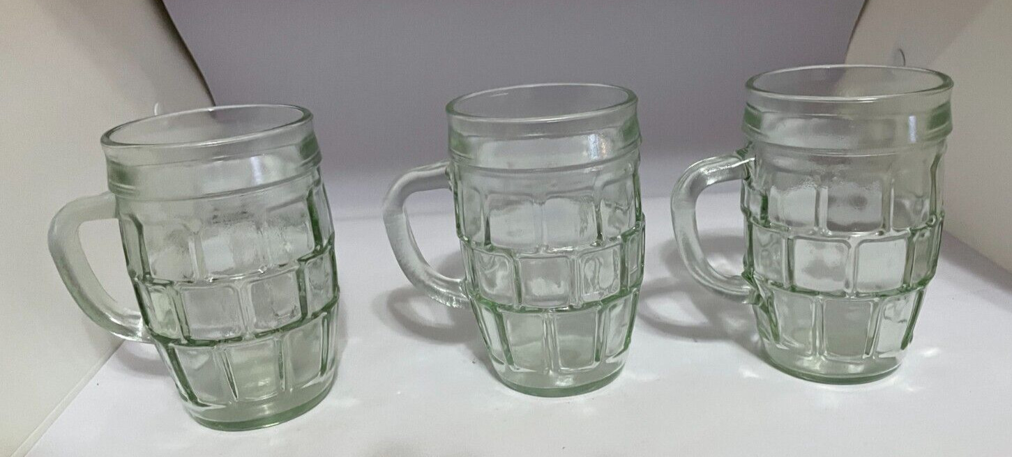 3 Vintage Barrel Shaped Mugs with Handle Green Tinged Clear Glass 4.25” Barware