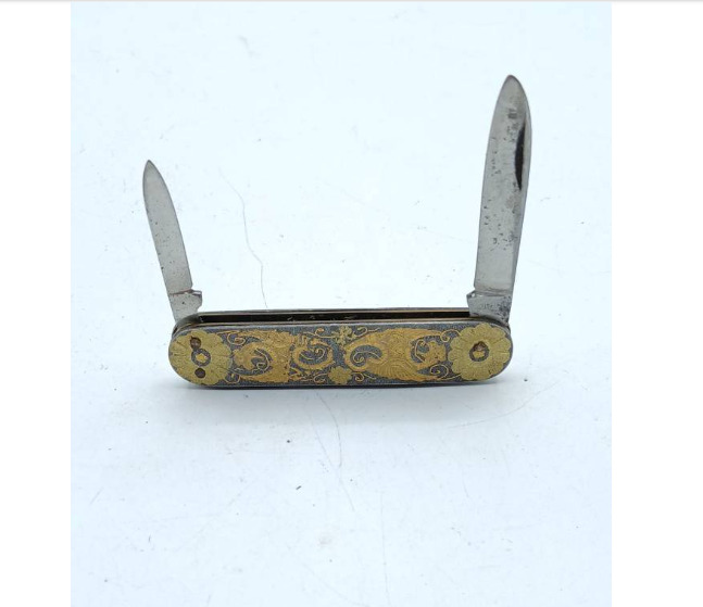 Vintage, Two Blade, Small, Brown, Pocket Knife, With Floral Design, Unique 