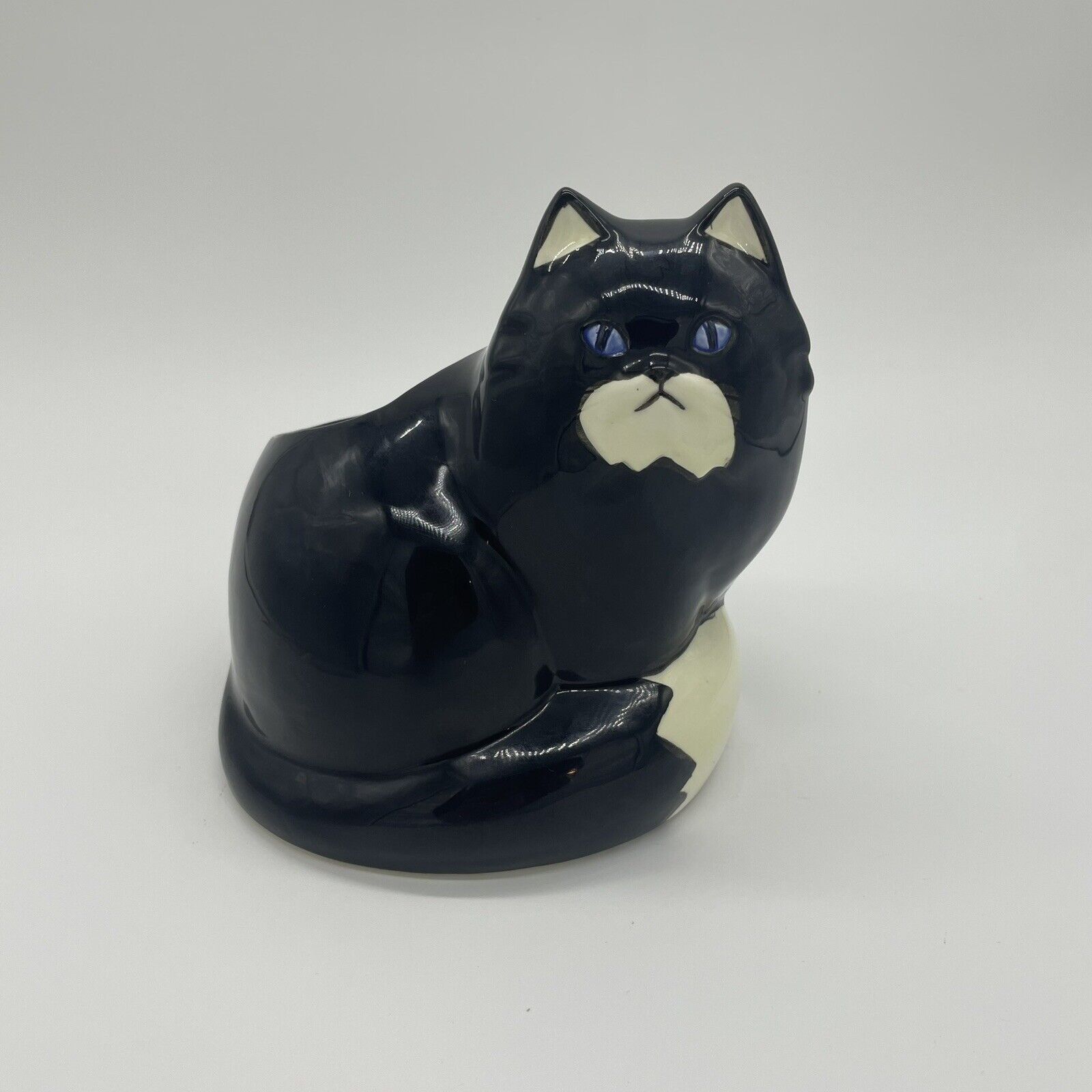 Vintage Takahashi Ceramic Black White Cat Planter Vase Calico Blue Eyes Japan