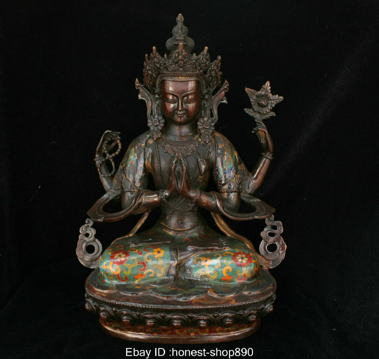  Tibet Buddhism Bronze Cloisonne Enamel 4 arms Chenrezig Buddha Statue Sculpture