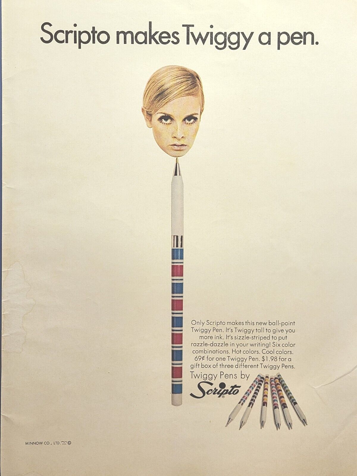 Scripto Twiggy Pens Fashion Model Sizzle-Striped Cool Vintage Print Ad 1967