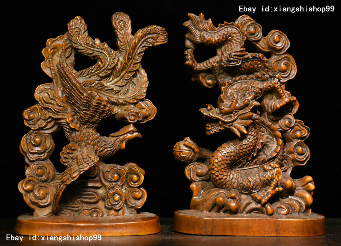 Chinese FengShui Boxwood Wood Carved Lucky Animal Fly Dragon Phoenix Statue Pair