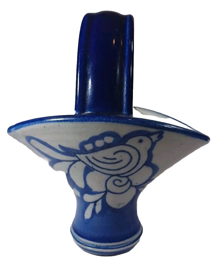 Pettiford Signed Speckled Blue Bird Floral Vase Planter Basket Studio Pottery