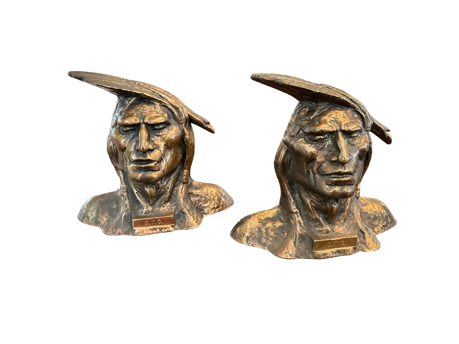 Rare Stunning Antique Pair of Bronze Native American Indian Warrior Bookends