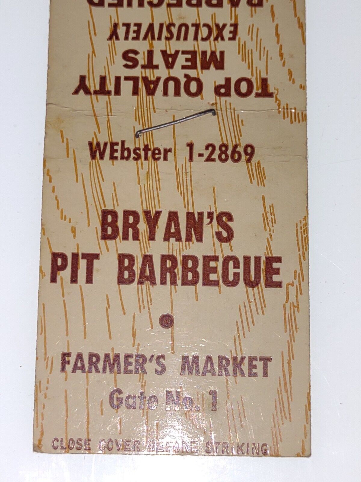 Vtg Matchbook Cover Brian's Pit BBQ Farmers Market Webster Restaurant History