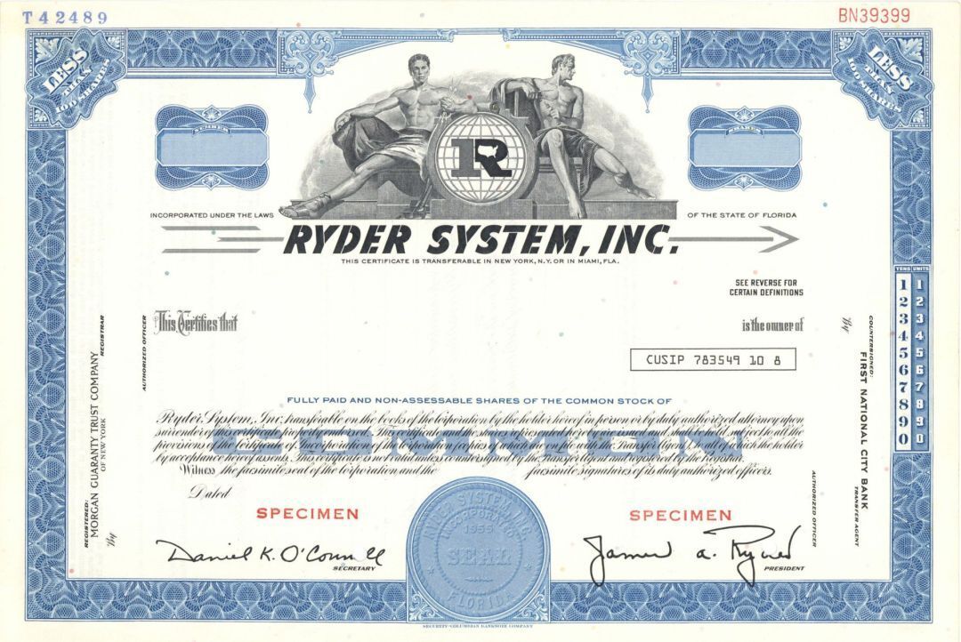 Ryder System, Inc. - 1955 dated Specimen Stock Certificate - Specimen Stocks & B