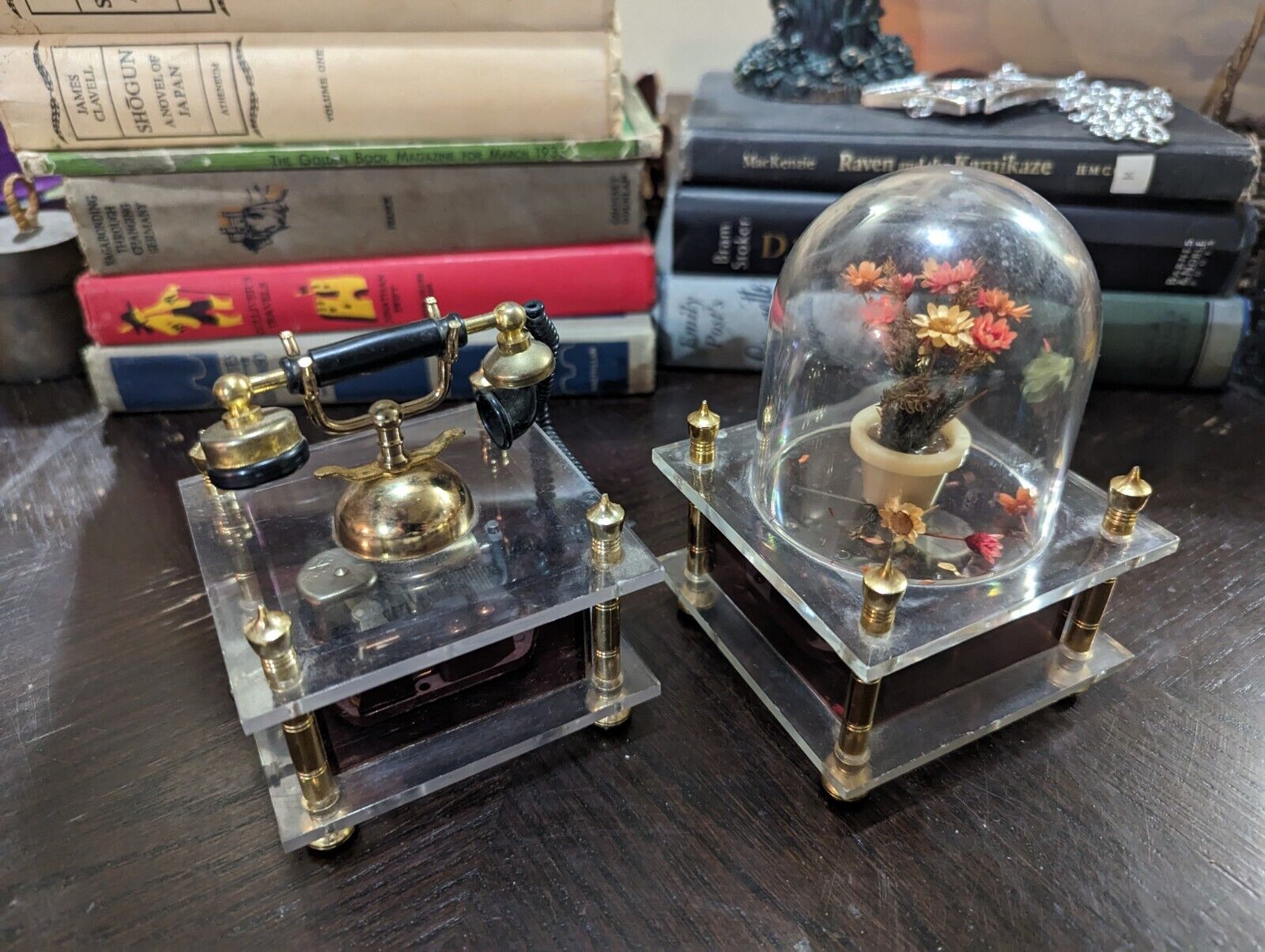 Vintage Waco Japan Music Boxes, Flower Pot And Telephone, Both Working