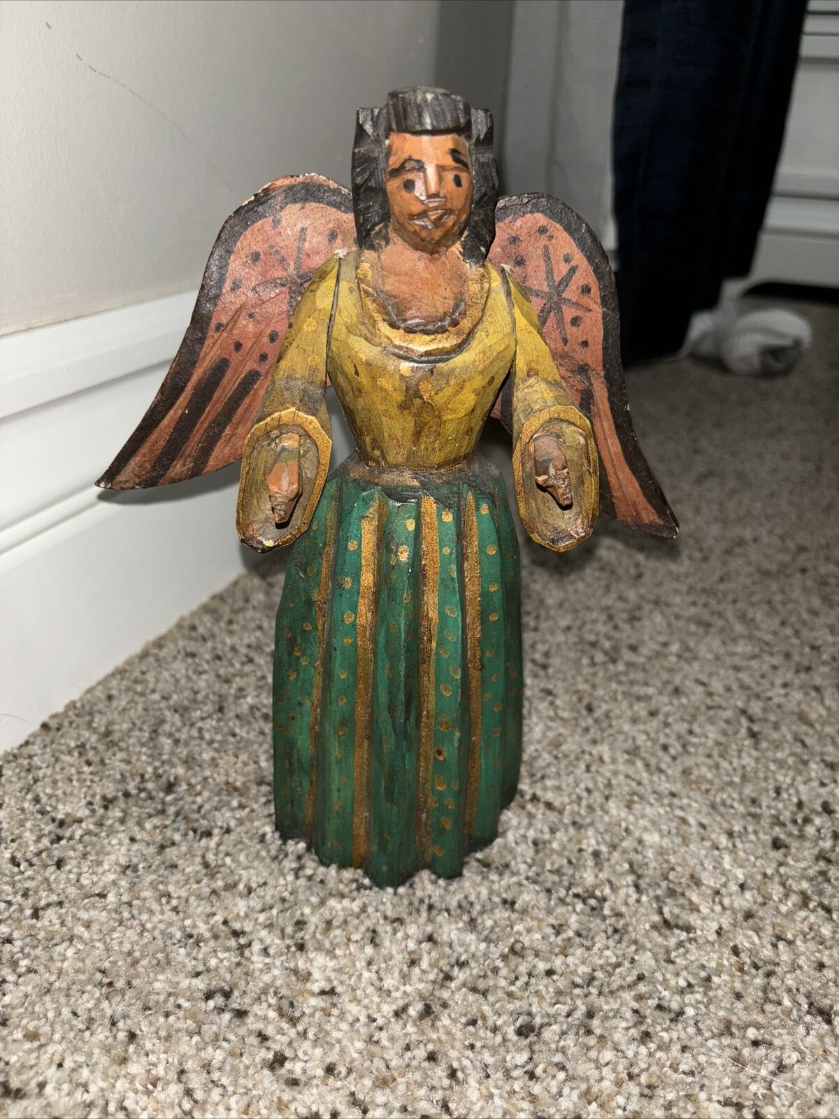 ANTIQUE OLD MEXICAN HAND CARVED POLYCHROMATIC WOOD STATUE WINGED ANGEL