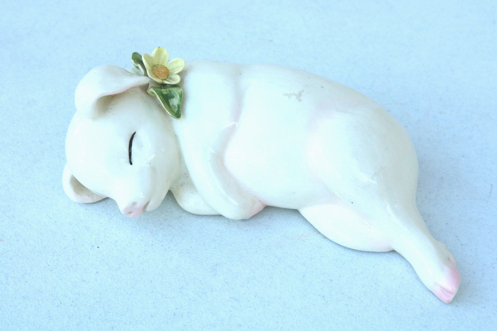 Ceramic White Cute Lying Down Spotted Pig Figurine Statue in Repose desk Art MH