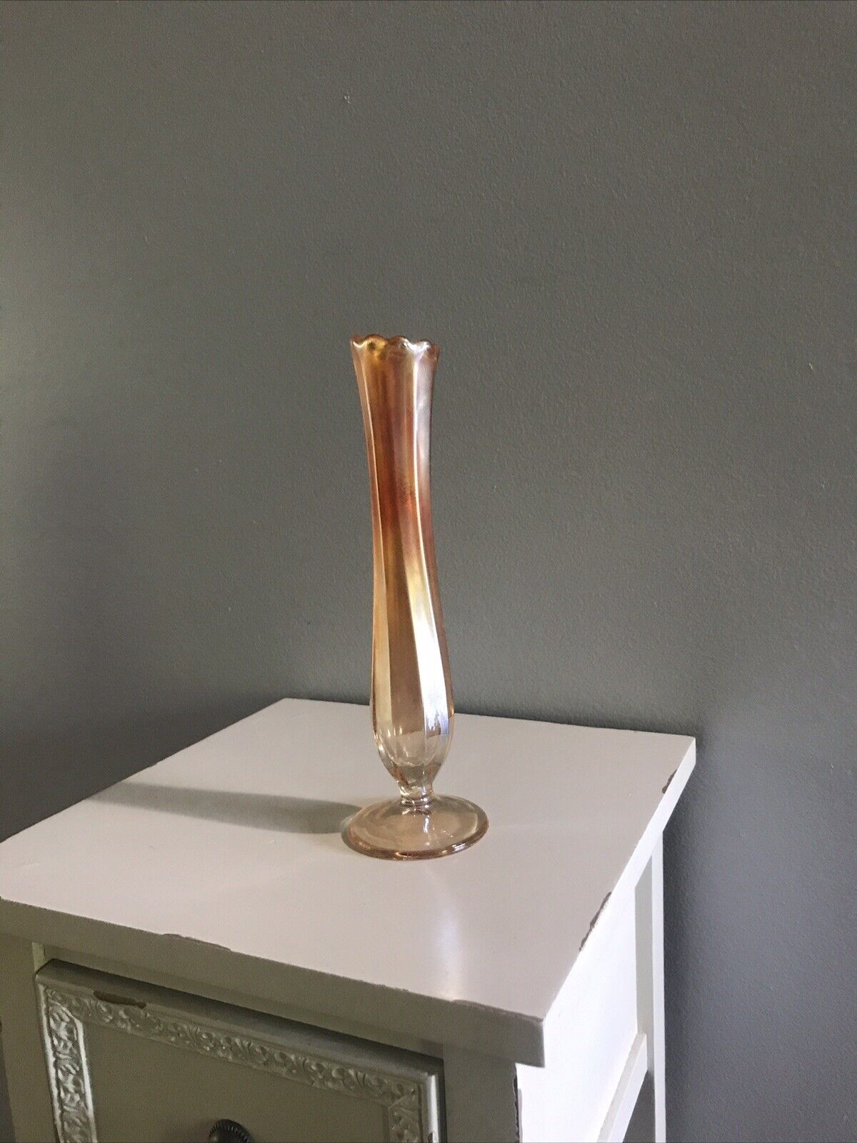 Vintage Marigold flash painted glass Bud Vase 8.5” Tall