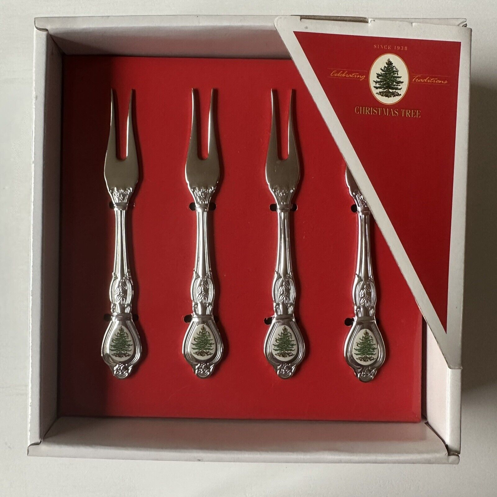 Vtg Spode Christmas Tree Stainless Cocktail Forks - Set of 4 New #4005808