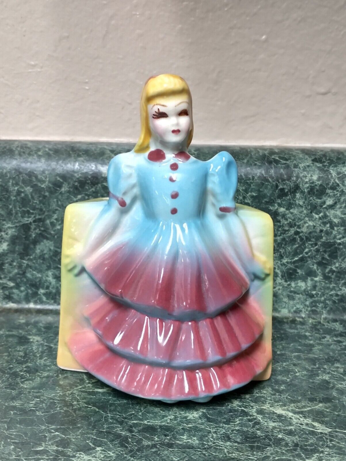 Vintage Pottery Planter - Girl In a Pink & Blue Dress American Bisque? Morton?