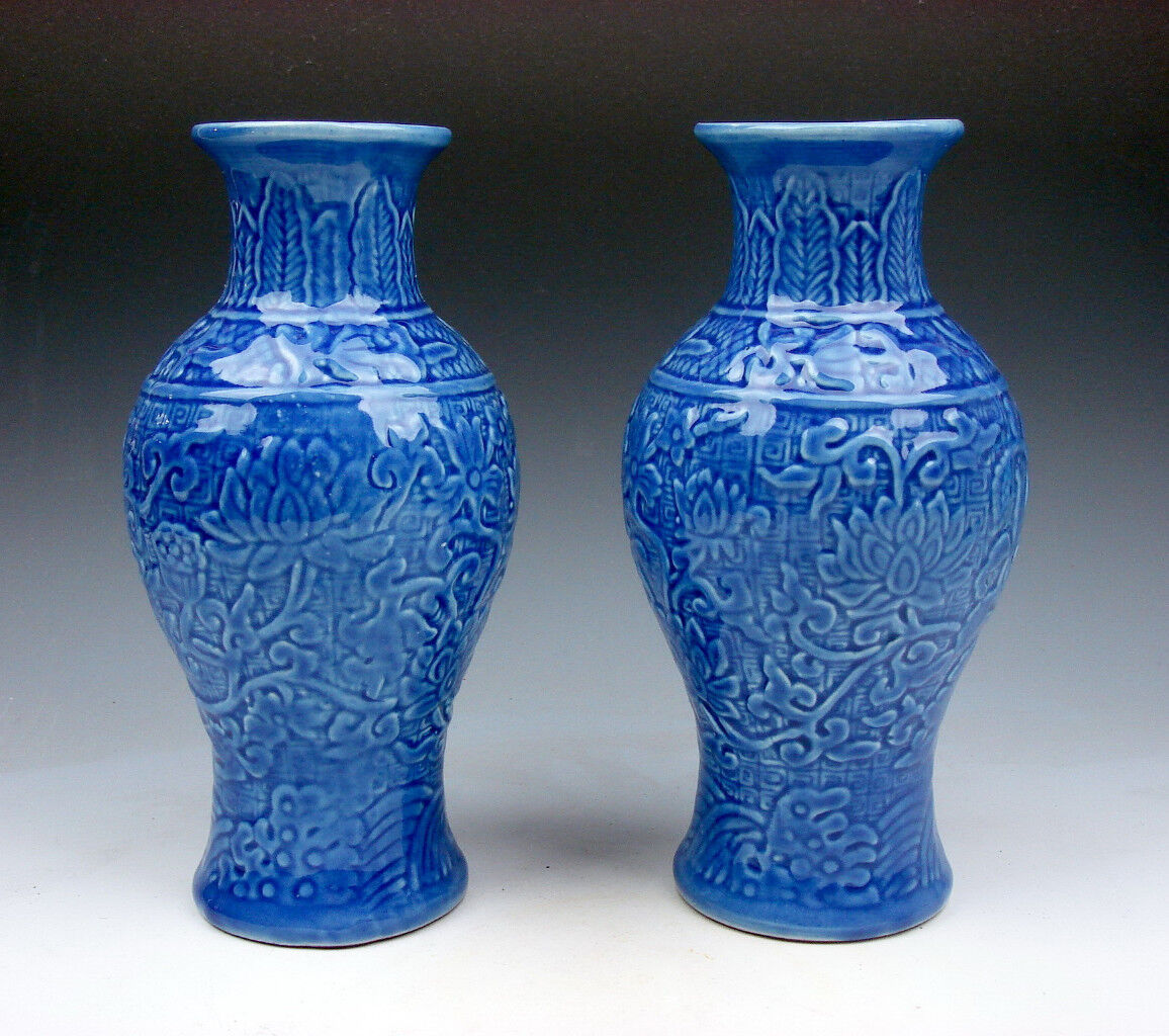 Pair 7 Inches Blue Glazed Porcelain Vases Flowers Lotus Carved #05091706