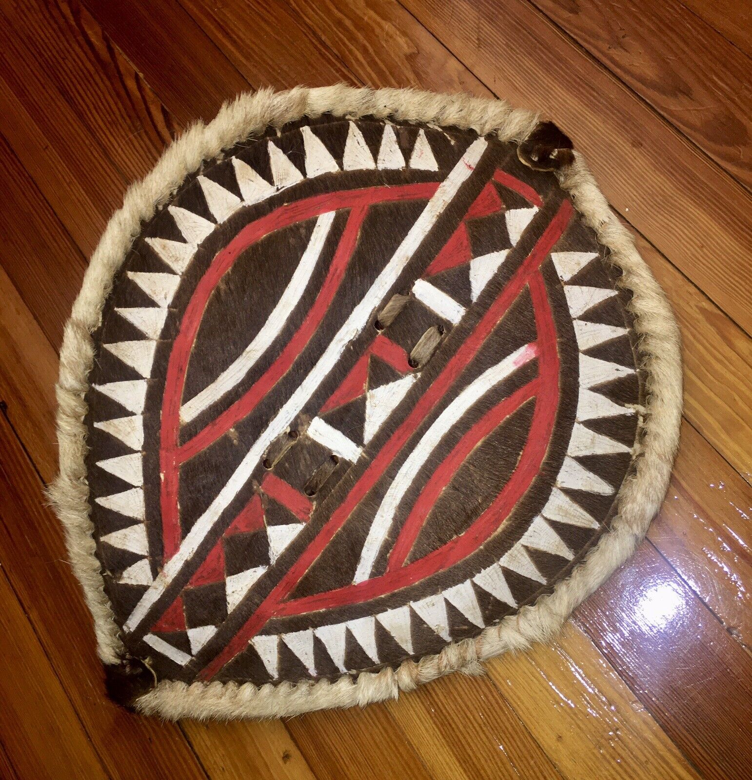 African  Tribal CEREMONIAL LEATHER PAINTED SHIELD, 16”