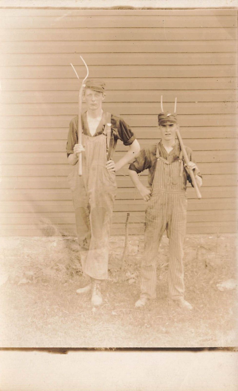Tall Man Overalls Pitchforks 1907  RPPC Real Photo Postcard LP75