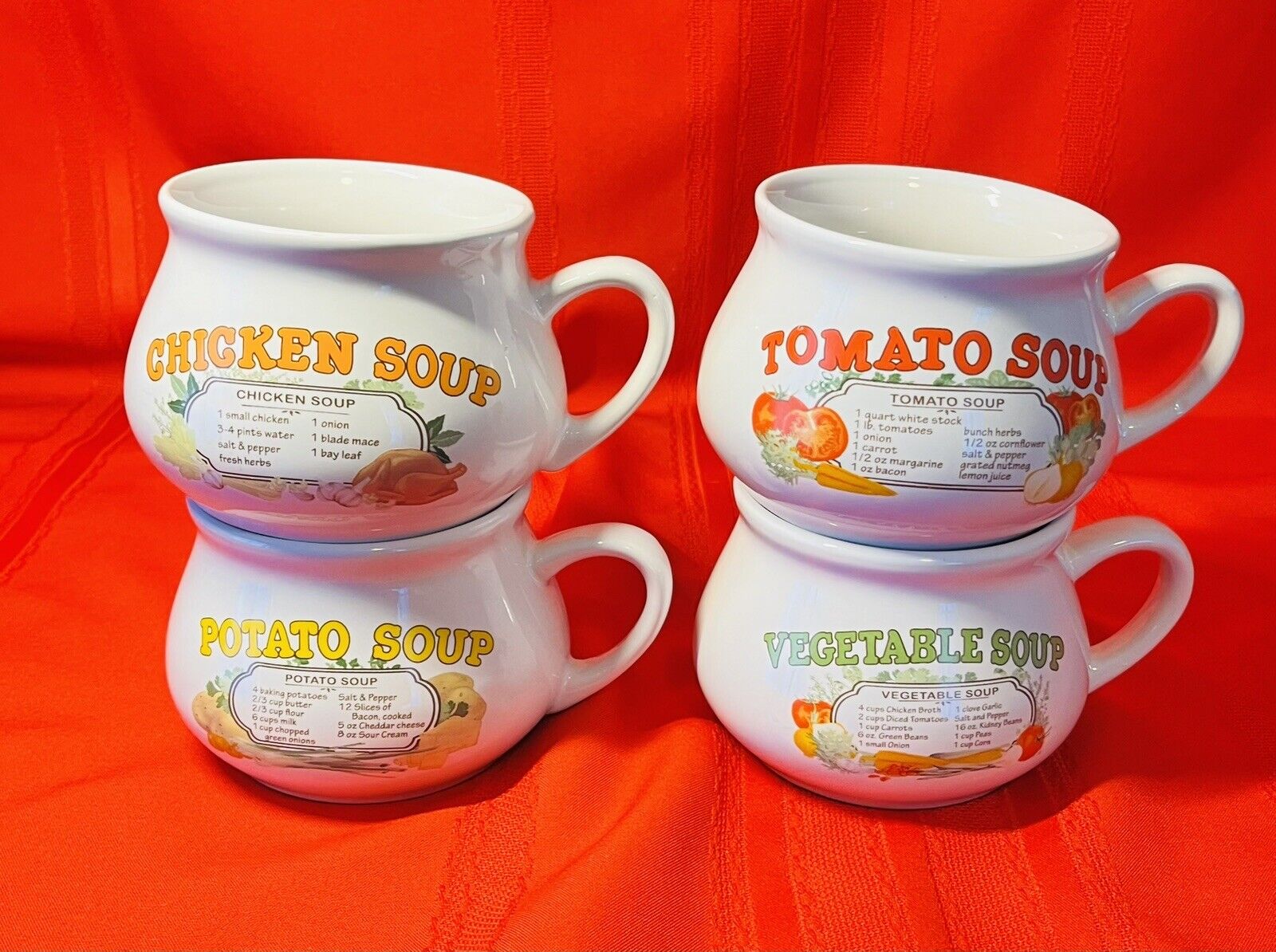 Dat'l Do-It Inc. 4 Vintage Recipe Soup Bowls Mugs Cups w / handles Stackable