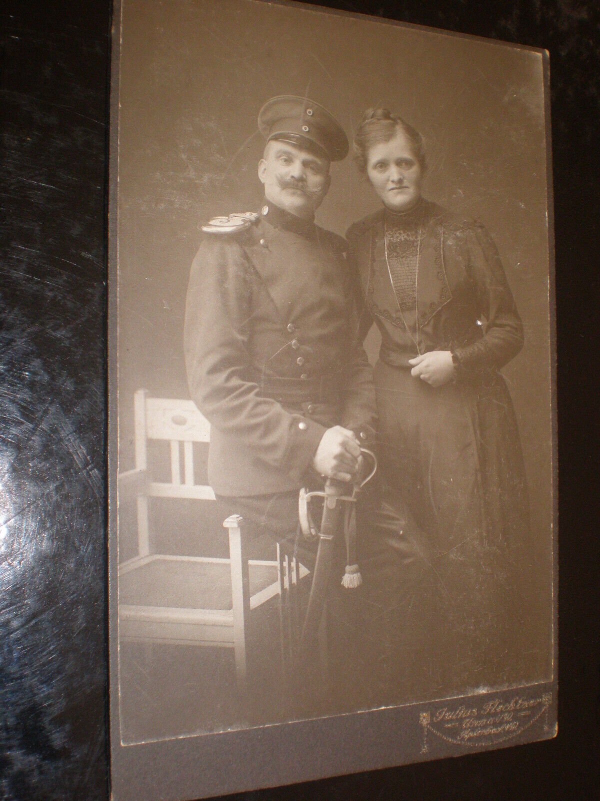 Cdv cabinet photograph soldier sword wife by Flechtner at Unna Germany c1900s
