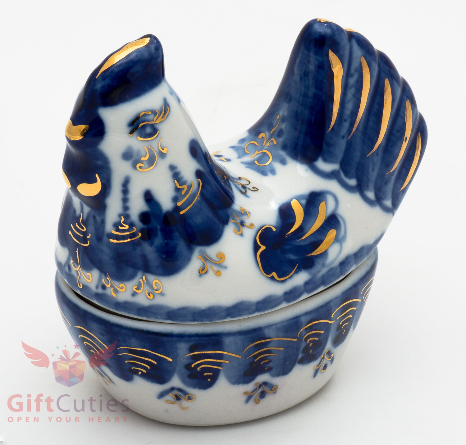 Beautiful Gzhel Porcelain Chicken Rooster trinket Box Figurine in blue & gold 