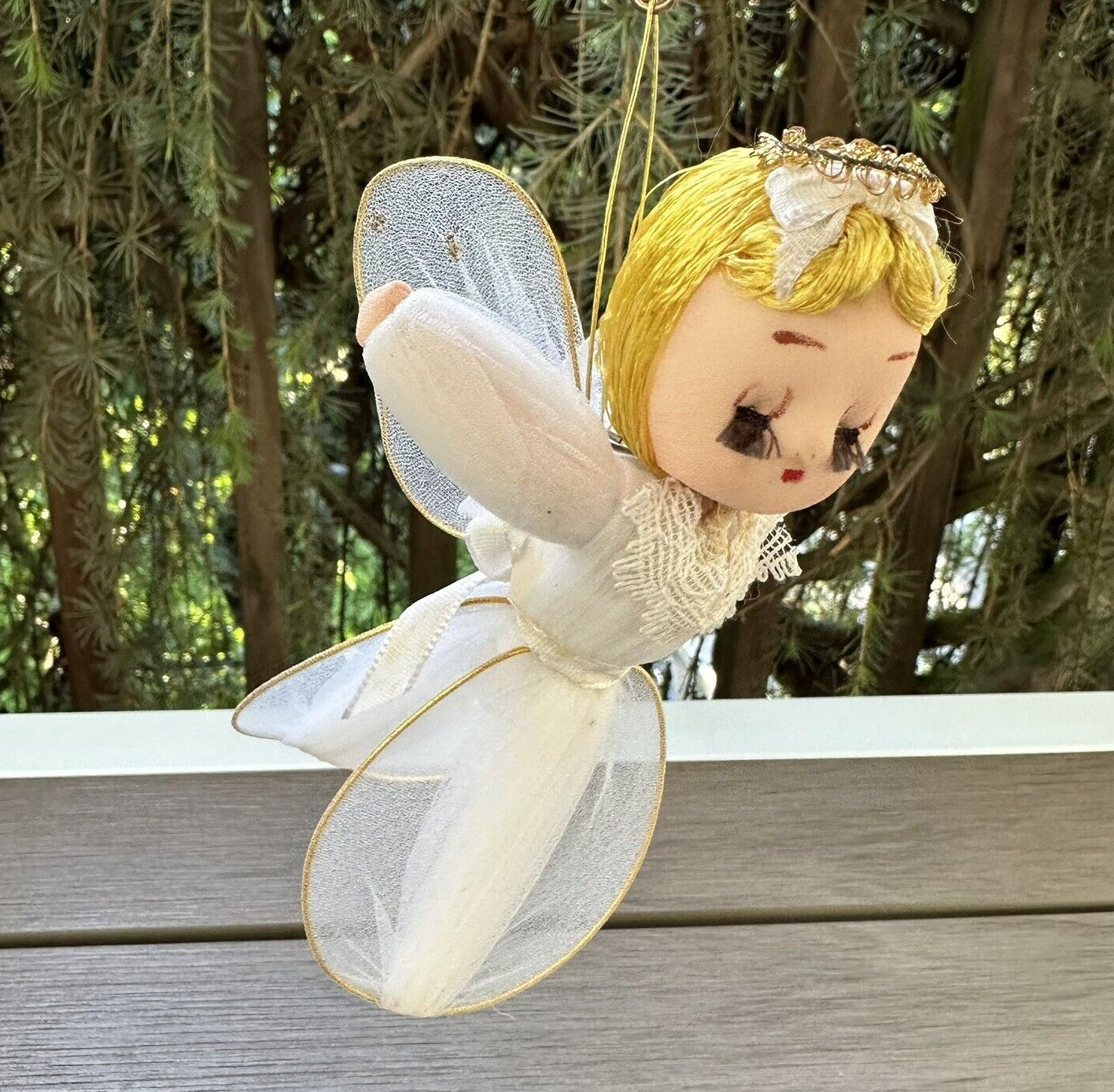 Vintage Christmas Ornament Angel White Tulle Fabric Wire Wings Long Eyelashes 6\
