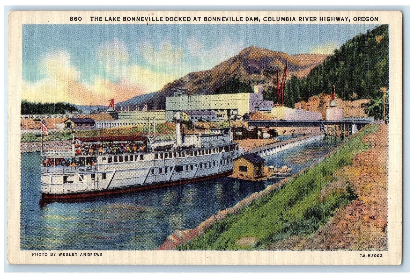 c1940's The Lake Bonneville Docked Dam Columbia River Highway Oregon OR Postcard