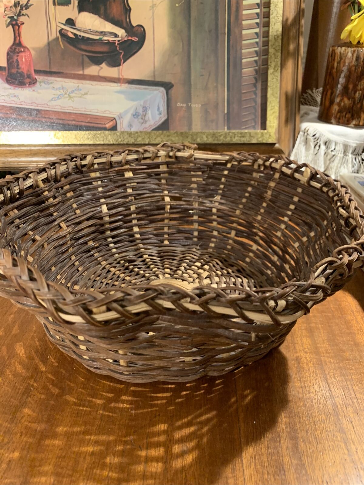 Antique Vintage Wicker Round 9 Sided Basket~Hand Made~Dark Light Wicker~Rare