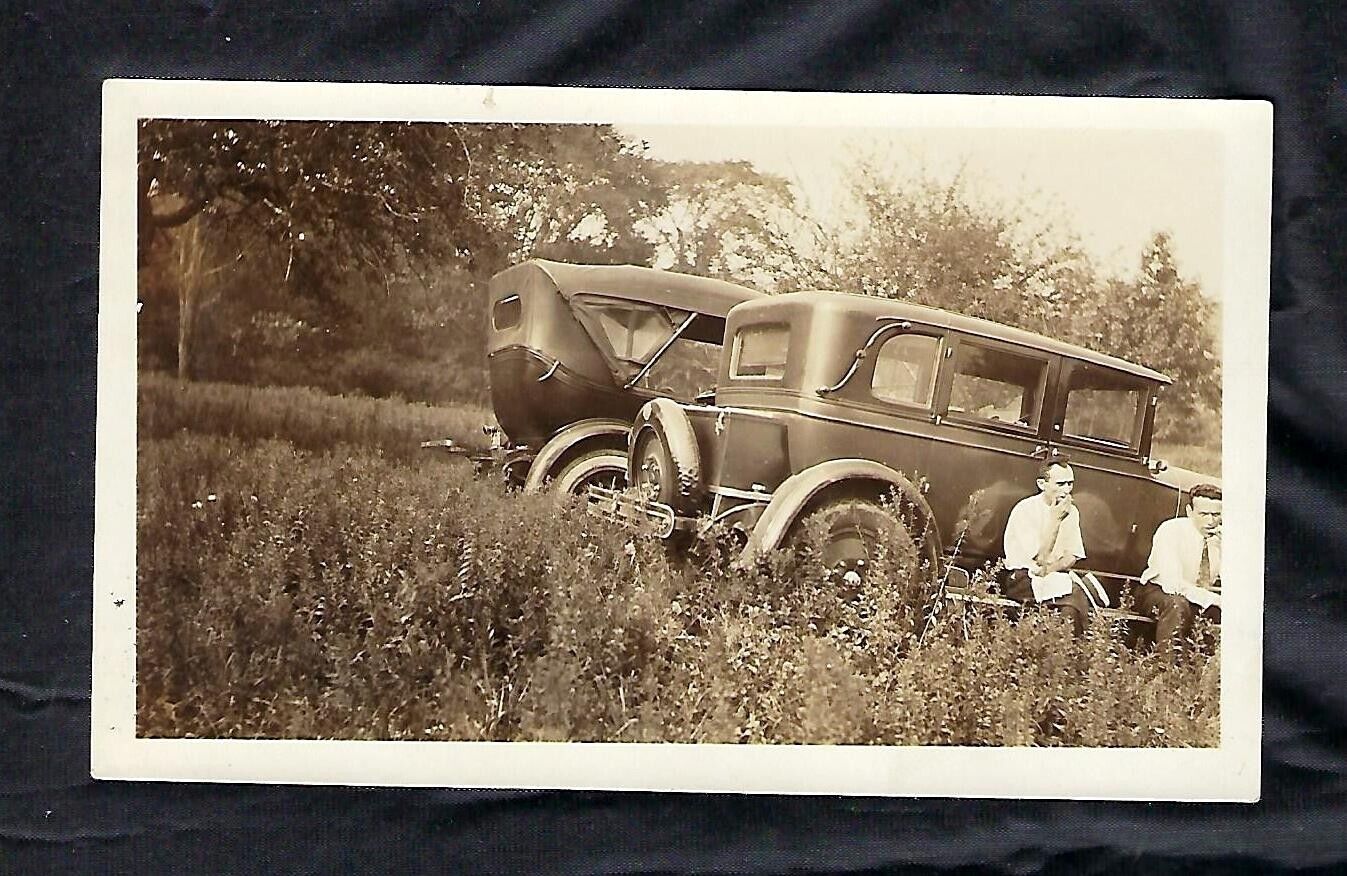 c1920s-30s, Photo of 2 Antique Cars in a Field with 2 Men Sitting