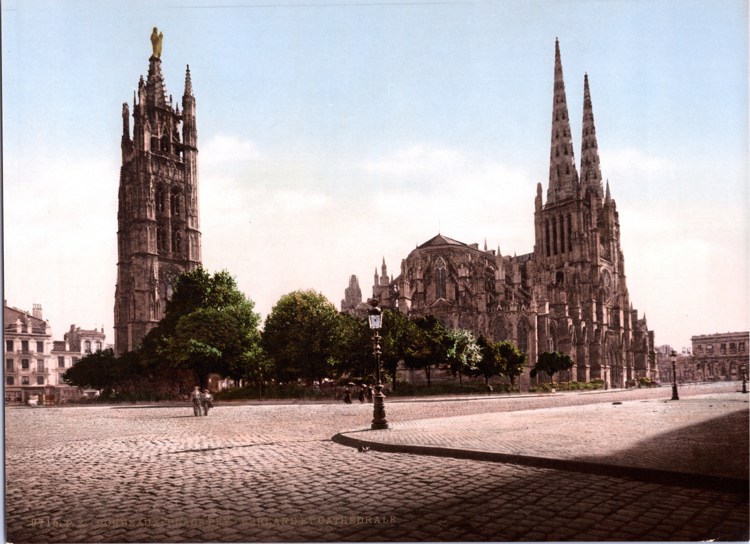 France, Bordeaux. Place Pey-Berland. The Cathedral.  vintage print photochromi