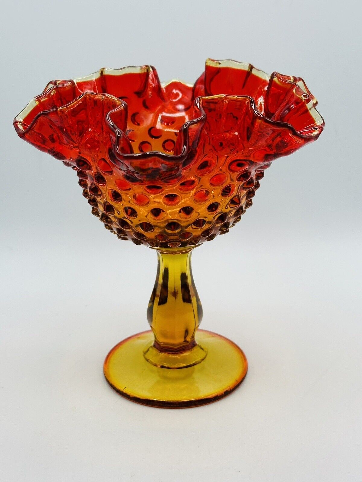 Vintage Fenton Glass Red Amberina Hobnail Compote Pedestal Candy Dish