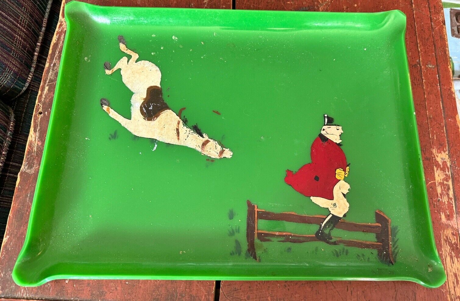 Vintage 1930/40s Green Bakelite Serving Tray w/ Horse/Rider Equestrian Painting