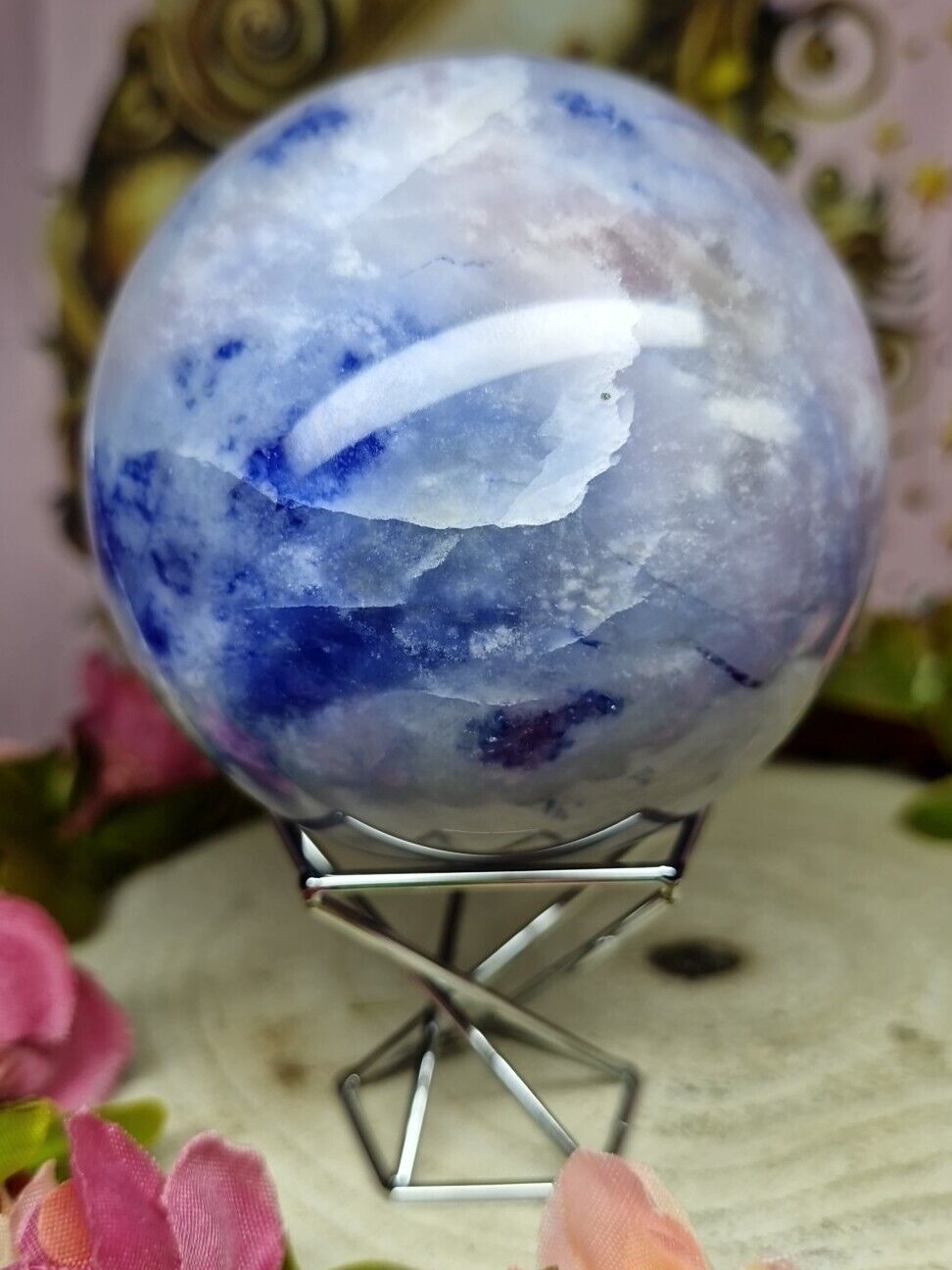 Stunning Big UV reactive Afghanite Crystal Sphere 80mm 735g & Holder - Must See