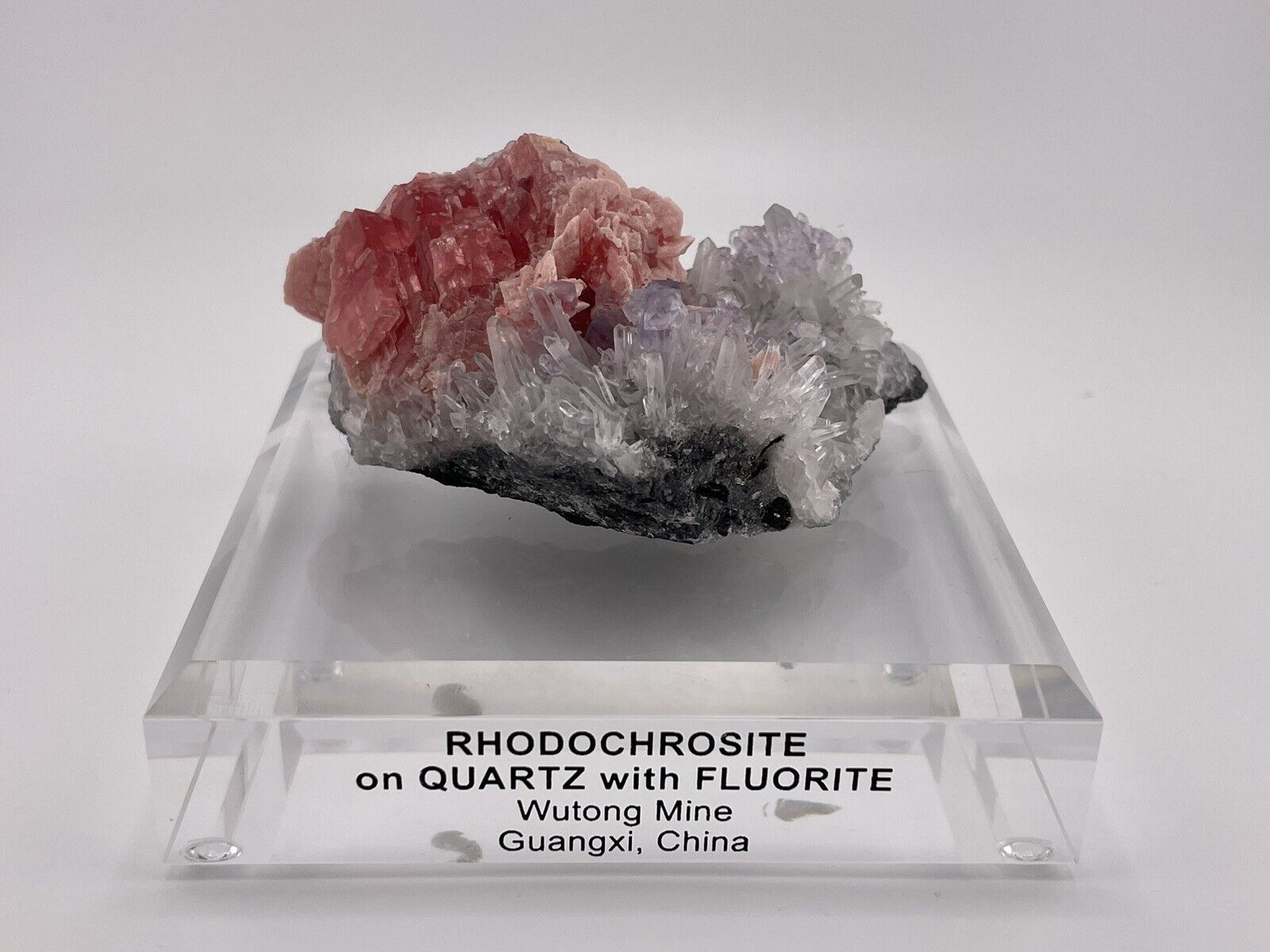 Rhodochrosite on Quartz with Fluorite - Guangxi, China
