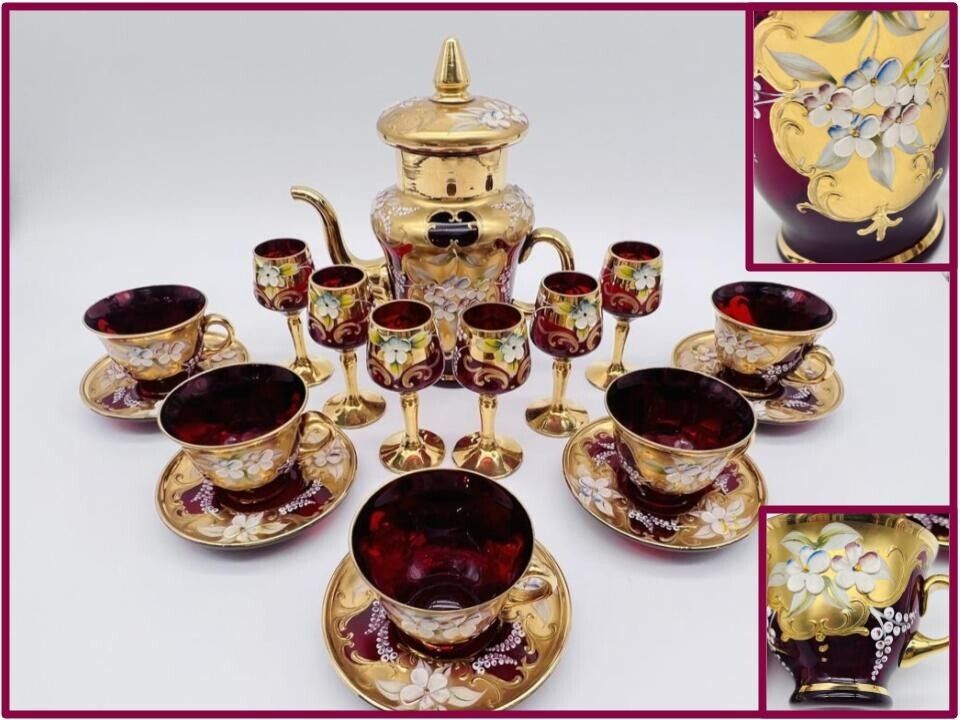 SET of MURANO Ruby Red Glass Heavy Gold Gilt Enamel Pitcher Cordial Cup Saucer
