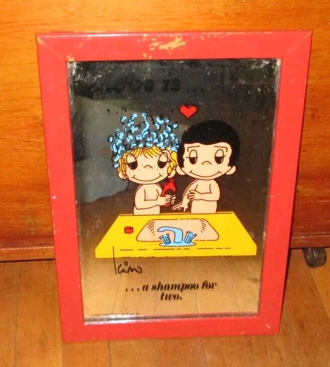 VINTAGE KIM CASALI LOVE IS... A SHAMPOO FOR TWO CARTOON  RED WOOD FRAMED MIRROR