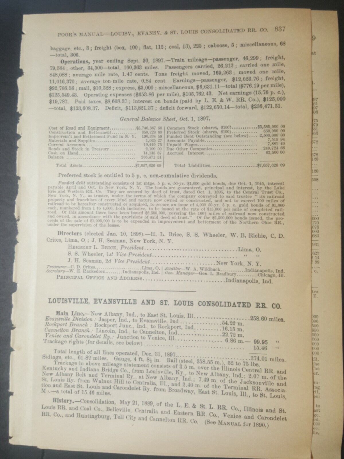  1898 train report LOUISVILLE EVANSVILLE & ST LOUIS CONSOLIDATED RAILROAD 