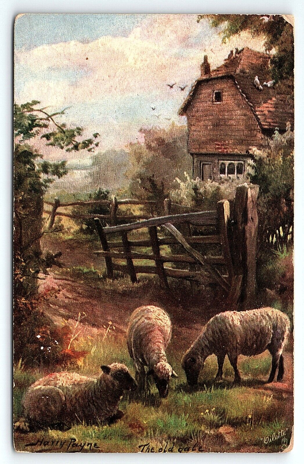1906 TUCKS HARRY PAYNE THE OLD GATE GRAZING SHEEP FARM OILETTE POSTCARD P2919