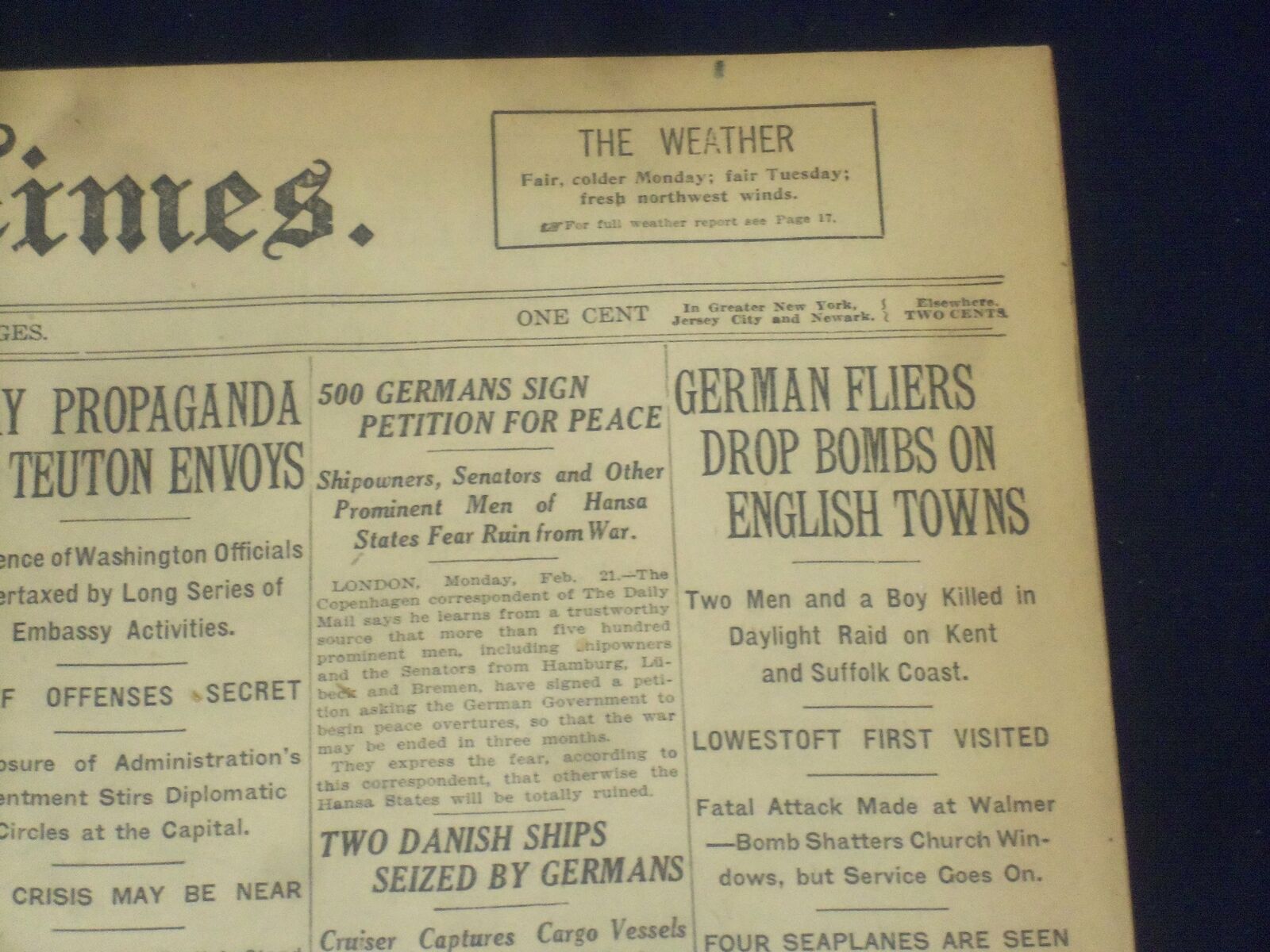 1916 FEB 21 NEW YORK TIMES - GERMAN FLIERS DROP BOMBS ON ENGLISH TOWNS - NT 9045