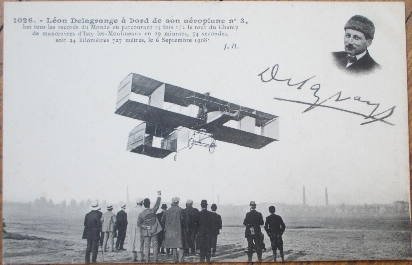 French Aviation 1908 Postcard, Pilot Leon Delagrange, Airplane Biplane No. 3