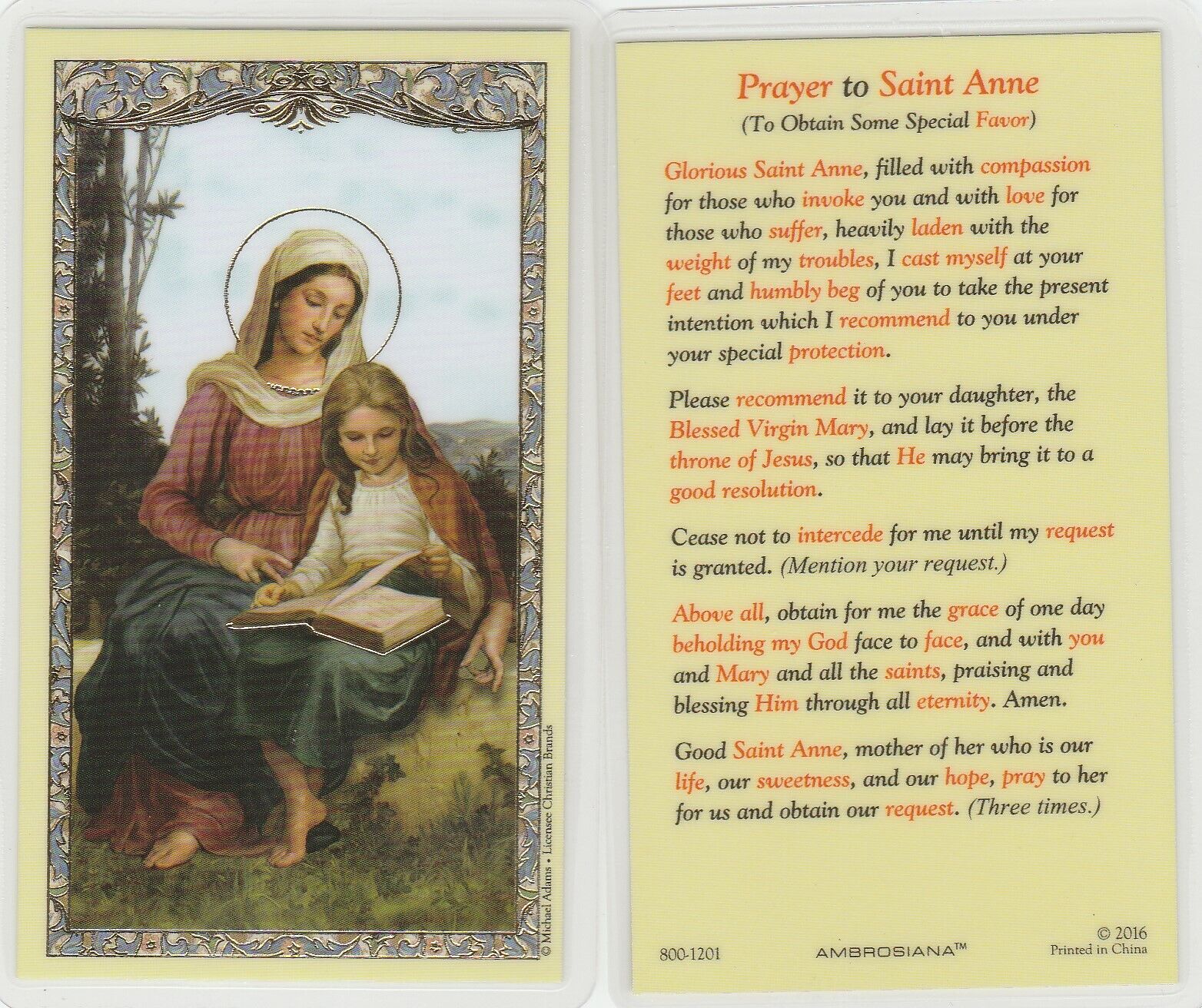 *St. Anne Laminated Holy Card* /Prayer to Obtain Some Special Favor/ {L87}-/