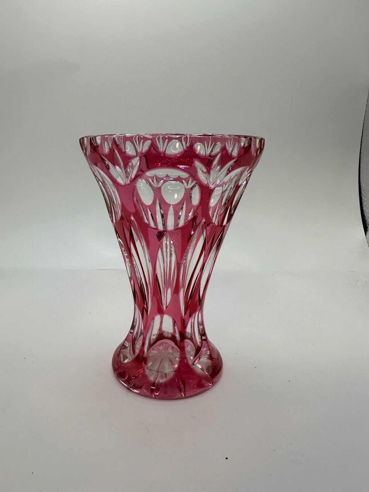 Vintage Bohemian Crystal Cranberry Cut to Clear Vase 5\